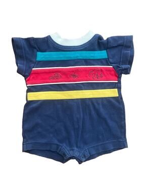 Vntg Peek A Babe Baby Romper 0-3 Months Navy Bear Fish Bee Embroidered Cotton